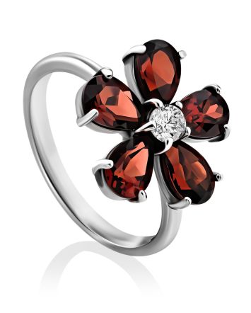 Floral Design Silver Garnet Ring, Ring Size: 7 / 17.5, image 