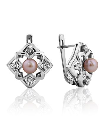 Ornate Silver Pearl Earrings With Crystals, image 