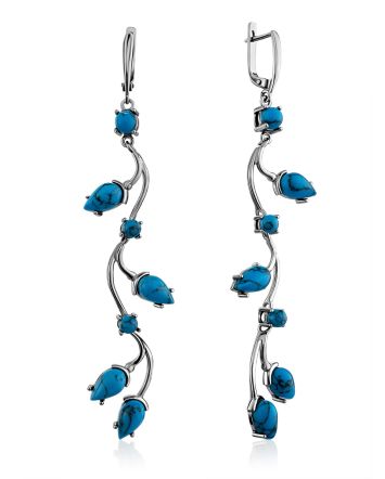 Elegant Floral Motif Silver Reconstituted Turquoise Earrings, image 