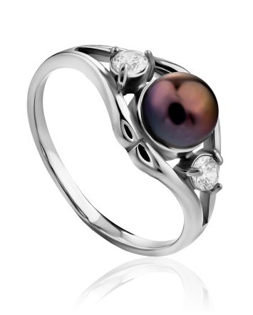 Classy Silver Dark Pearl Ring With Crystals, Ring Size: 8.5 / 18.5, image 