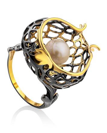 Pomegranate Motif Bicolor Silver Pearl Ring, Ring Size: 8 / 18, image 