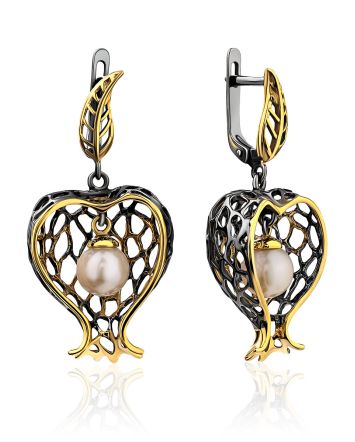 Designer Pomegranate Motif Silver Pearl Dangle Earrings, image 