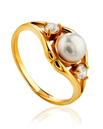 Refined Gilded Silver Pearl Ring With Crystals, Ring Size: 11.5 / 21, image 