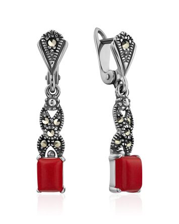 Exquisite Silver Reconstituted Coral Earrings The Lace, image 