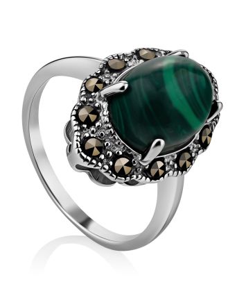 Vintage Style Silver Reconstituted Malachite Ring The Lace, Ring Size: 8 / 18, image 