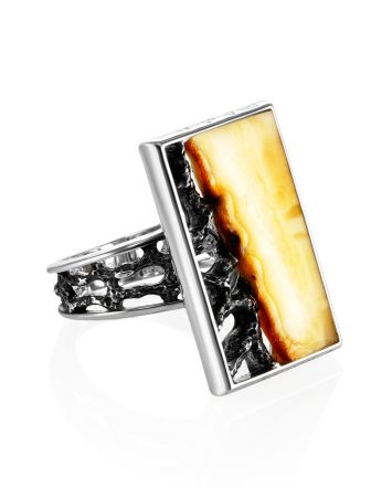 Geometric Silver Adjustable Ring With Cloudy Amber The Lava, Ring Size: Adjustable, image 