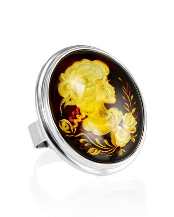 Lemon Amber Cameo Ring In Sterling Silver The Nymph, Ring Size: Adjustable, image 