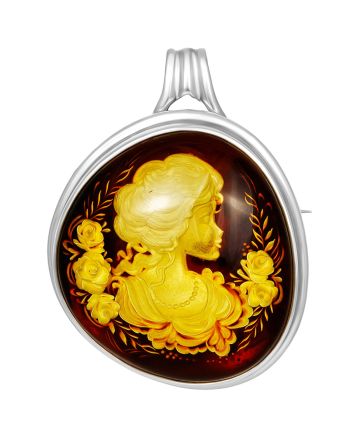 Lemon Amber Cameo Brooch In Sterling Silver The Nymph, image 
