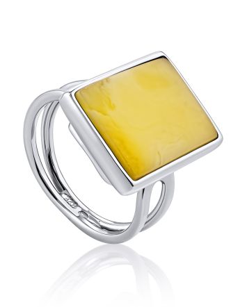 Bold Geometric Silver Amber Ring The Palazzo, Ring Size: Adjustable, image 