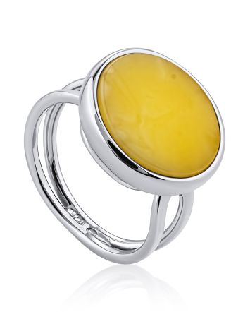 Geometric Silver Amber Ring The Palazzo, Ring Size: Adjustable, image 