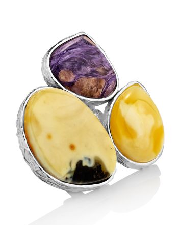Designer Amber Charoite Cocktail Ring The Bella Terra, Ring Size: Adjustable, image 