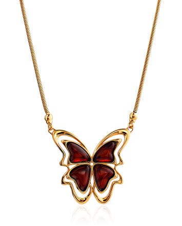 Chic Butterfly Motif Amber Pendant Necklace, image 