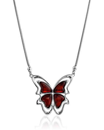 Butterfly Motif Amber Pendant Necklace, image 