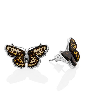 Butterfly Design Amber Stud Earrings, image 