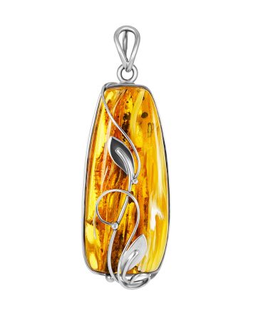 Floral Motif Silver Amber Pendant, image 