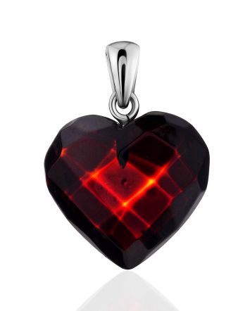 Cute Faceted Cherry Amber Heart Pendant, image 
