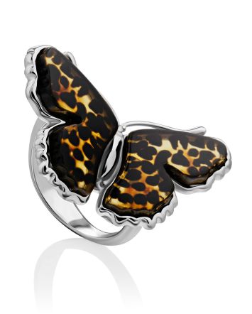 Butterfly Design Silver Amber Ring, Ring Size: Adjustable, image 