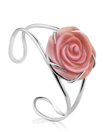 Rose Motif Silver And Oyster Shell Cuff Bracelet, image 