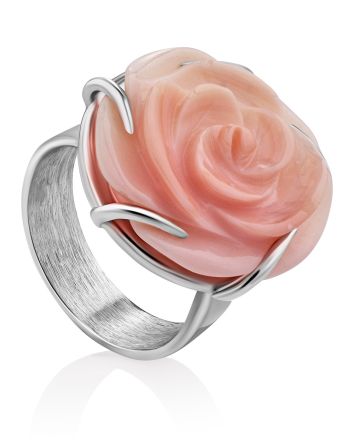 Rose Motif Silver And Spiny Oyster Shell Ring, Ring Size: Adjustable, image 