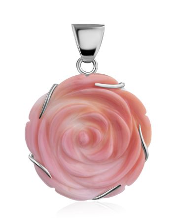 Chic Rose Motif Silver And Oyster Shell Pendant, image 