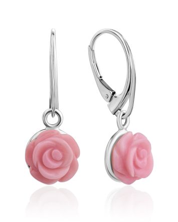 Rose Motif Silver And Spiny Oyster Shell Dangle Earrings, image 