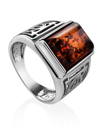 Filigree Silver Signet Ring With Cognac Amber The Cesar, Ring Size: 10 / 20, image 