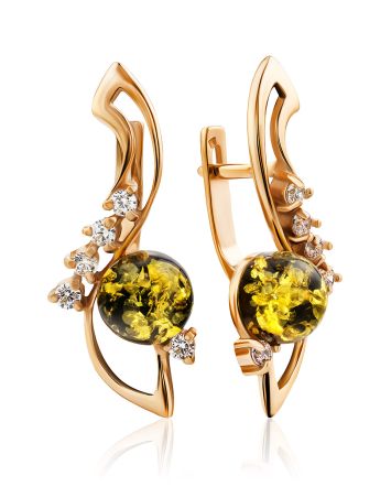 Green Amber Earrings In Gold With Crystals The Swan, image 
