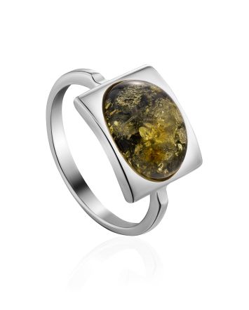 Sterling Silver Ring With Oval Green Amber Stone The Saturn, Ring Size: 9.5 / 19.5, image 