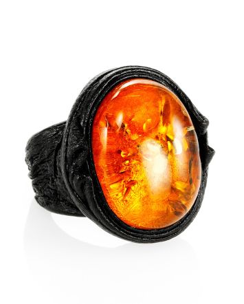 Dark Leather Open Ring With Cherry Amber The Nefertiti, Ring Size: Adjustable, image 