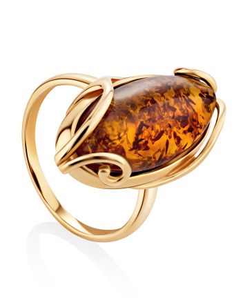 Natural Cognac Amber Ring In Gold-Plated Silver The Rococo, Ring Size: 7 / 17.5, image 
