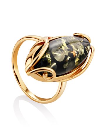 Bold Gold-Plated Ring With Green amber The Rococo, Ring Size: 5.5 / 16, image 