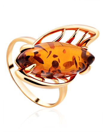 Bold Gold-Plated Ring With Cognac Amber The Tropicana, Ring Size: 11.5 / 21, image 