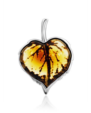 Linden Leaf Motif Silver Amber Pendant, image 