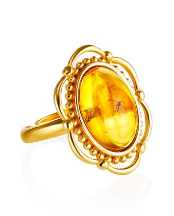 Exclusive Natural Amber With Fossil Midge Ring The Clio, Ring Size: Adjustable, image 