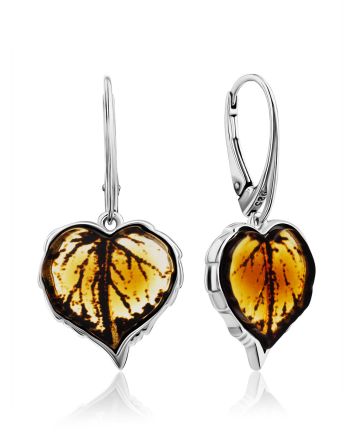 Linden Leaf Motif Silver Amber Earrings, image 