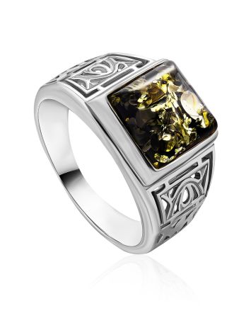 Geometric Men's Signet Ring With Green Amber The Cesar, Ring Size: 13 / 22, image 
