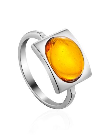 Geometric Silver Ring With Cognac Amber The Saturn, Ring Size: 10 / 20, image 