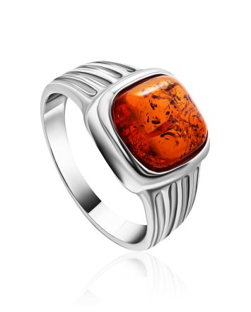 Stylish Silver Men's Ring With Cognac Amber The Cesar, Ring Size: 6.5 / 17, image 