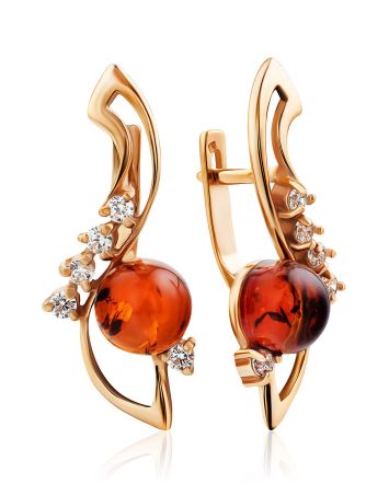 Cognac Amber Earrings In Gold With Crystals The Swan, image 
