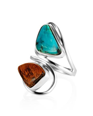 Ethnic Style Wood And Larimar Ring The Bella Terra, Ring Size: Adjustable, image 