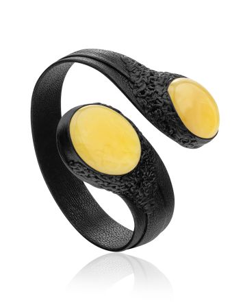 Eclectic Style Leather Bracelet With Natural Amber Centerstone, image 