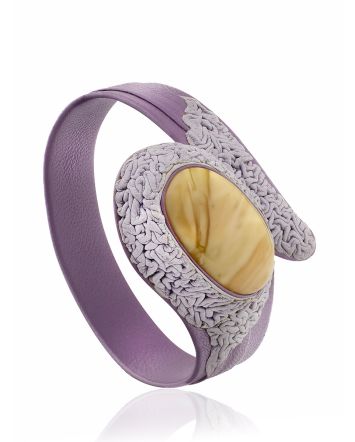 Lilac Leather Bracelet With Honey Colored Amber Centerstone, image 