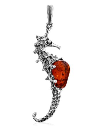 Sea Horse Design Silver Amber Pendant, image 