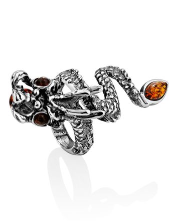 Dragon Design Silver Amber Ring, Ring Size: Adjustable, image 
