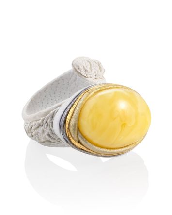 Exclusive White Leather Flexible Ring With Natural Amber, Ring Size: Adjustable, image 