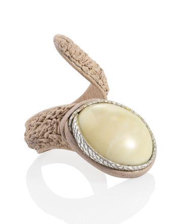 Beige Leather Flexible Ring With Amber, Ring Size: Adjustable, image 