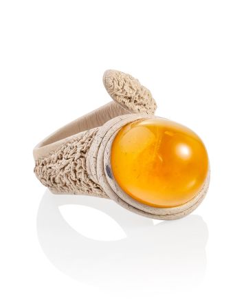 Safari Style Leather Ring With Natural Amber Centerstone, Ring Size: Adjustable, image 