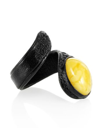 Flexible Leather Ring With Natural Amber Centerstone, Ring Size: Adjustable, image 