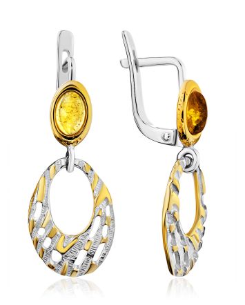 Fashionable Lemon Colored Amber Dangle Earrings, image 
