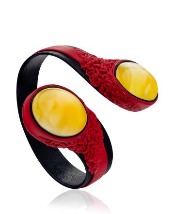 Black And Red Leather Bracelet With Amber Centerstone, image 